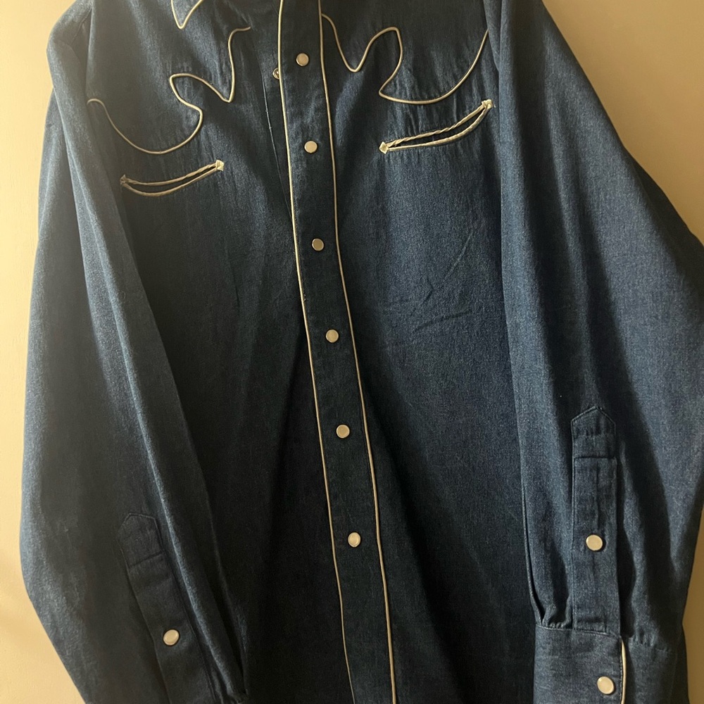 Dark Blue Western Shirt with White Piping